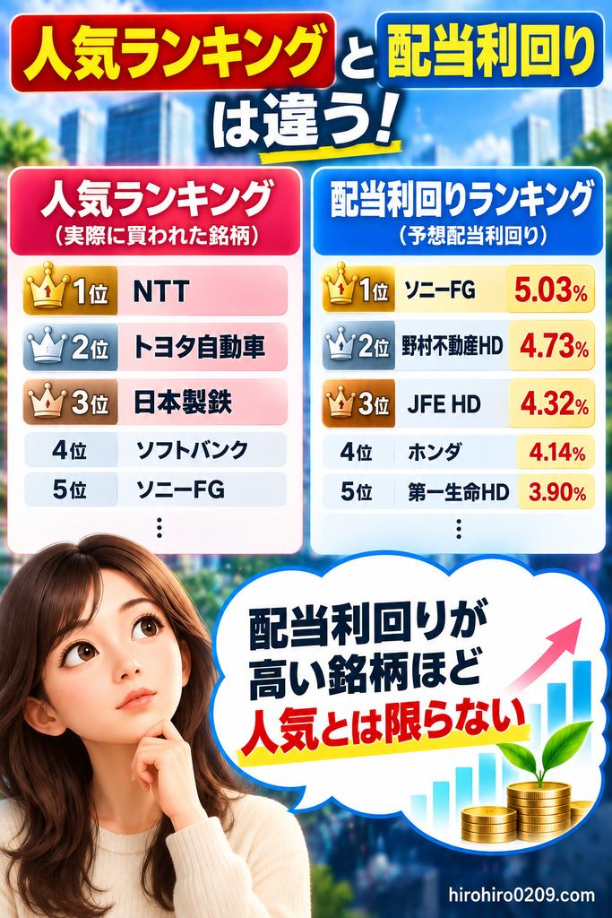 人気ランキングと配当利回りランキングを比較し、配当利回りが高い銘柄ほど人気とは限らないことを示した図解