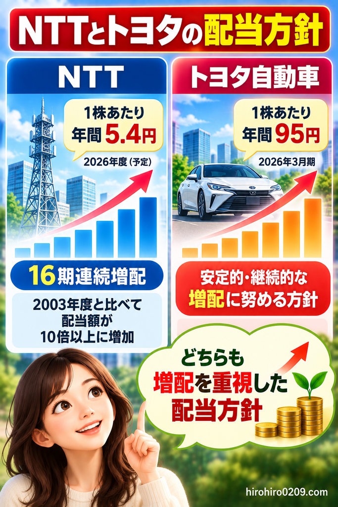 NTTとトヨタ自動車の配当方針を比較し、NTTの16期連続増配予定とトヨタの安定的・継続的な増配方針を示した図解