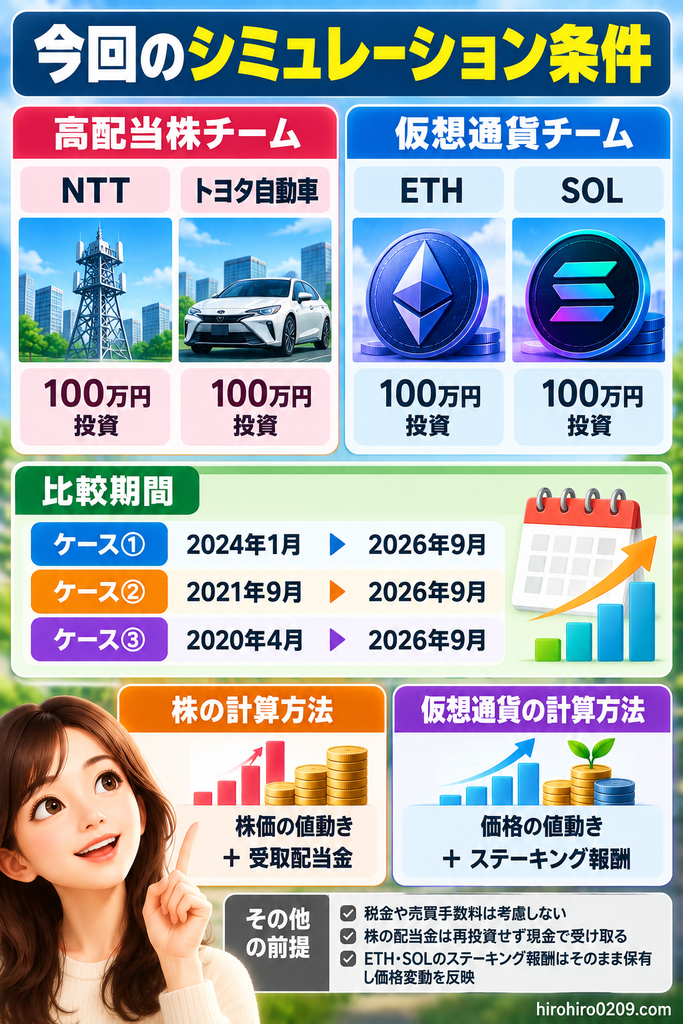 NTT・トヨタとETH・SOLに各100万円を投資し、3つの期間で値動きと配当・ステーキング報酬を比較するシミュレーション条件の図解