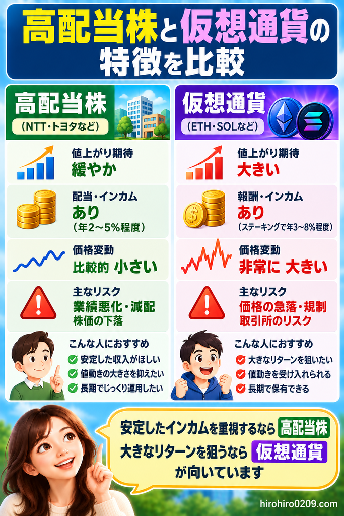 高配当株と仮想通貨について、値上がり期待・配当やステーキング報酬・価格変動・主なリスク・向いている人の違いを比較した図解