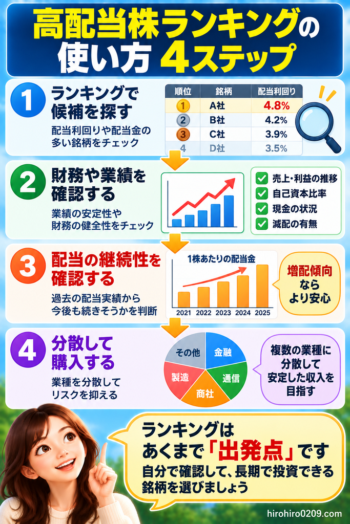 高配当株ランキングを銘柄選びの出発点として、候補探し・財務や業績・配当の継続性・分散投資の4ステップで活用する方法を示した図解