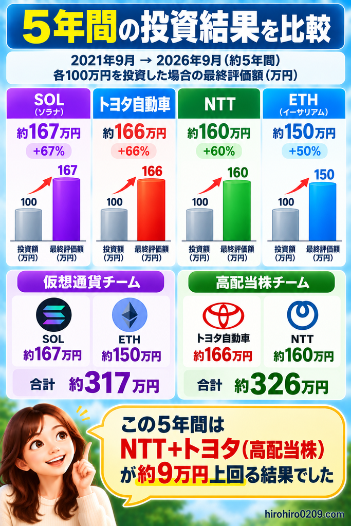 2021年9月から2026年9月までNTT・トヨタ・ETH・SOLに各100万円を投資した場合の5年間の最終評価額と、高配当株・仮想通貨の合計結果を比較した図解