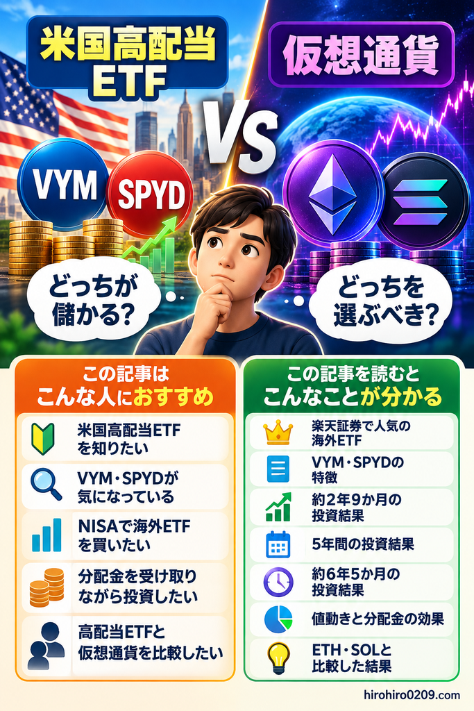 米国高配当ETFのVYM・SPYDと仮想通貨のETH・SOLを比較し、おすすめな人と投資結果から分かることをまとめた図解