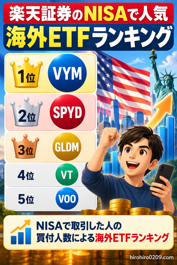 楽天証券のNISA海外ETF買付人数ランキングで、VYMが1位、SPYDが2位、GLDM・VT・VOOが続く人気順位を示した図解