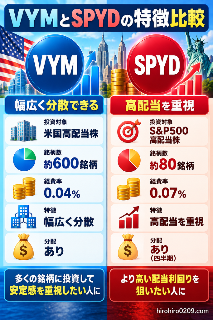 VYMとSPYDについて、投資対象・銘柄数・経費率・分配金などの特徴と違いを比較した図解