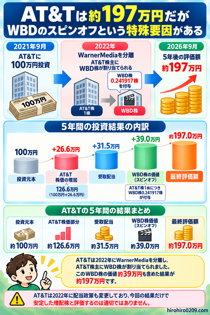 AT&Tに100万円を5年間投資し、AT&T株約126.6万円、受取配当約31.5万円、スピンオフで付与されたWBD株約39.0万円を合わせて最終評価額が約197.0万円になった結果を示した図解