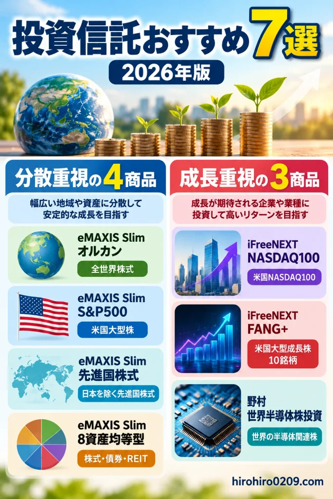 投資信託おすすめ7選【2026年版】の全体像を示す図解。分散重視のオルカン、S&P500、先進国株式、8資産均等型の4商品と、成長重視のNASDAQ100、FANG+、世界半導体株投資の3商品を比較