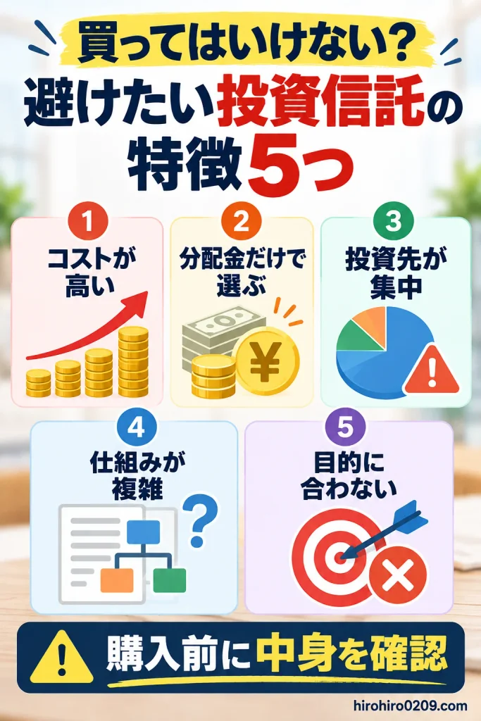 避けたい投資信託の5つの特徴として、コストが高い、分配金だけで選ぶ、投資先が集中、仕組みが複雑、投資目的に合わない商品を図解し、購入前の確認ポイントを紹介
