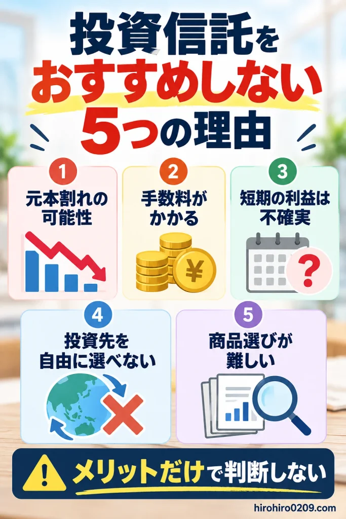 投資信託をおすすめしない5つの理由として、元本割れの可能性、手数料の負担、短期利益の不確実性、投資先を自由に選べないこと、商品選びの難しさを解説する図解