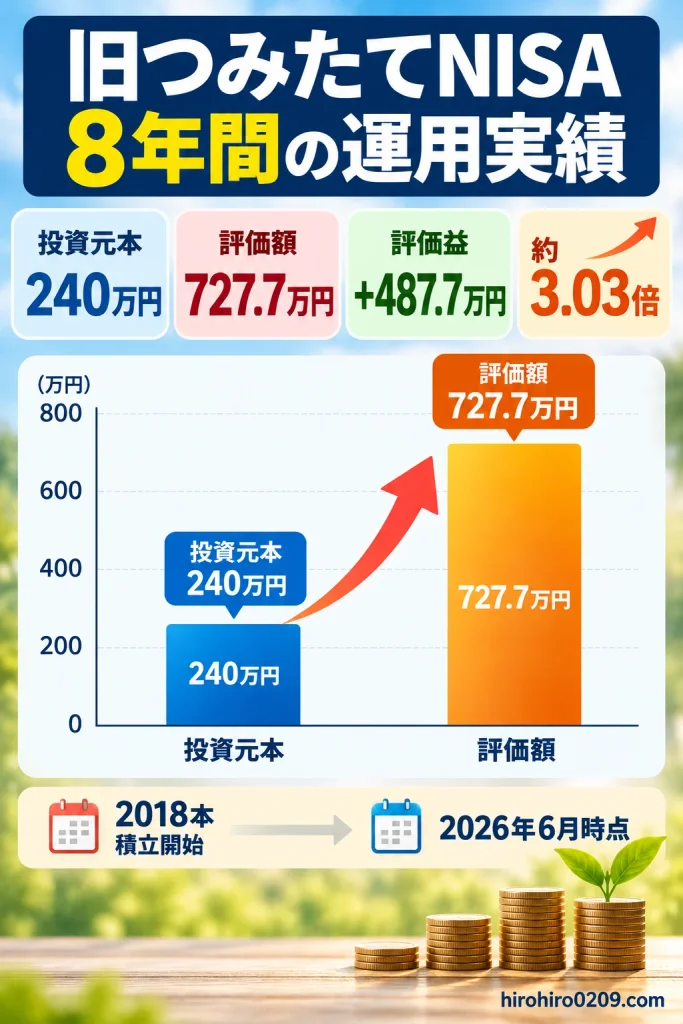 旧つみたてNISAで2018年から積立投資を続けた8年間の運用実績を示す図解。2026年6月時点で投資元本240万円が評価額727.7万円となり、評価益487.7万円、約3.03倍に増加した結果を棒グラフで比較
