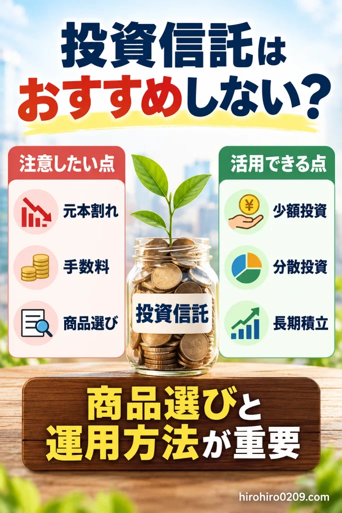 投資信託の注意点である元本割れ・手数料・商品選びと、メリットである少額投資・分散投資・長期積立を比較し、商品選びと運用方法の重要性を解説する図解