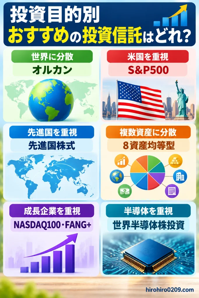 投資目的別におすすめの投資信託7銘柄を紹介する図解。世界分散ならオルカン、米国重視ならS&P500、先進国重視なら先進国株式、複数資産への分散なら8資産均等型、成長企業重視ならNASDAQ100・FANG+、半導体重視なら世界半導体株投資を紹介