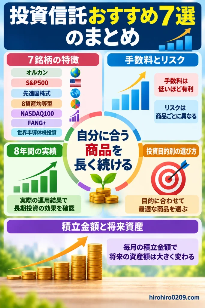 投資信託おすすめ7選のまとめ図解。オルカン、S&P500、先進国株式、8資産均等型、NASDAQ100、FANG+、世界半導体株投資の特徴と、手数料・リスク、投資目的別の選び方、8年間の運用実績、積立金額による将来資産の違いを紹介し、自分に合う商品を長く続ける重要性を解説