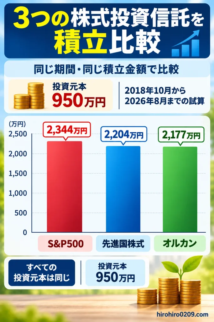 2018年10月から2026年8月まで毎月10万円を積み立てた場合の投資信託3銘柄の比較シミュレーション。投資元本950万円に対し、S&P500は2,344万円、先進国株式は2,204万円、オルカンは2,177万円となった結果を棒グラフで比較