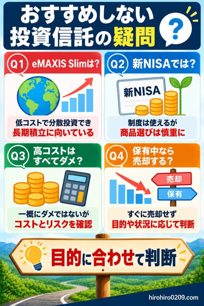 おすすめしない投資信託に関する4つの疑問を解説した図解。eMAXIS Slimの選び方、新NISAでの注意点、高コスト商品の評価、保有中の投資信託を売却すべきかについて、投資目的に合わせた判断の重要性を紹介