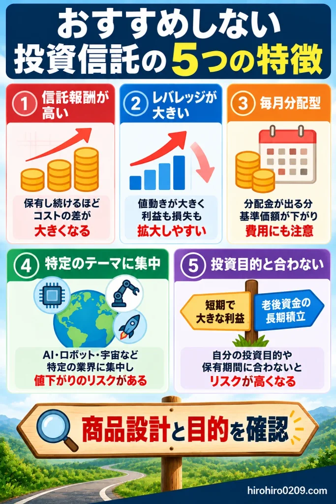 おすすめしない投資信託に共通する5つの特徴を解説した図解。信託報酬の高さ、レバレッジによる大きな値動き、毎月分配型、特定テーマへの集中、投資目的との不一致を紹介し、商品設計と投資目的を確認する重要性を説明