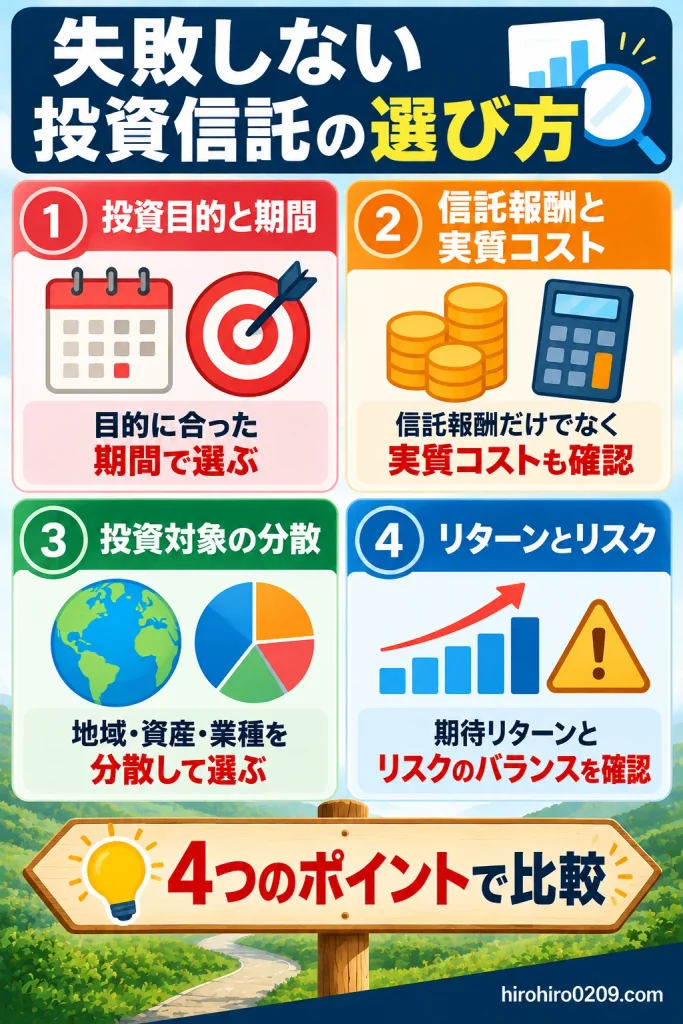 失敗しない投資信託の選び方を解説した図解。投資目的と保有期間、信託報酬と実質コスト、投資対象の分散、リターンとリスクの4つのポイントを比較し、自分に合った銘柄を選ぶ方法を紹介