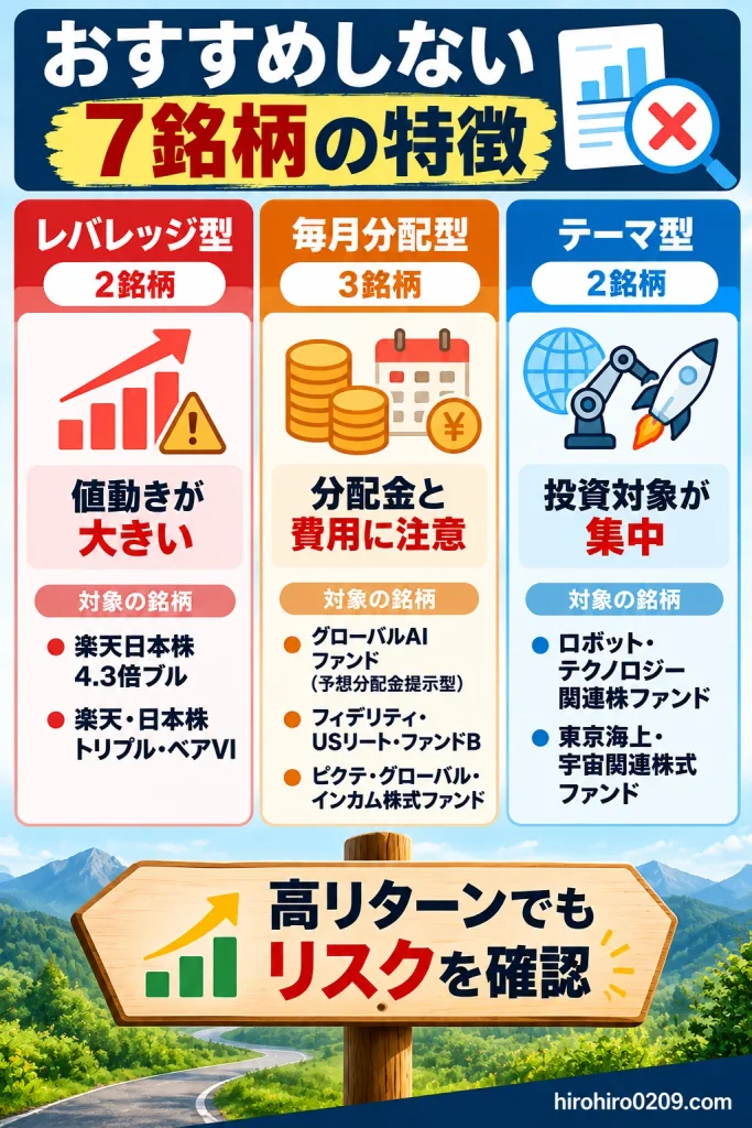 おすすめしない投資信託7銘柄を、レバレッジ型2銘柄、毎月分配型3銘柄、テーマ型2銘柄に分類した図解。値動きの大きさ、分配金と費用、投資対象の集中という注意点を紹介し、高リターンでもリスクの確認が重要であることを解説