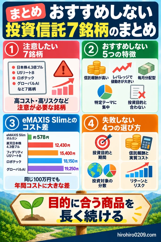 おすすめしない投資信託7銘柄のまとめ図解。注意したい7銘柄と5つの特徴、eMAXIS Slimオルカン約578円からグローバルAI19,250円までの年間コスト比較、失敗しない投資信託の4つの選び方を紹介