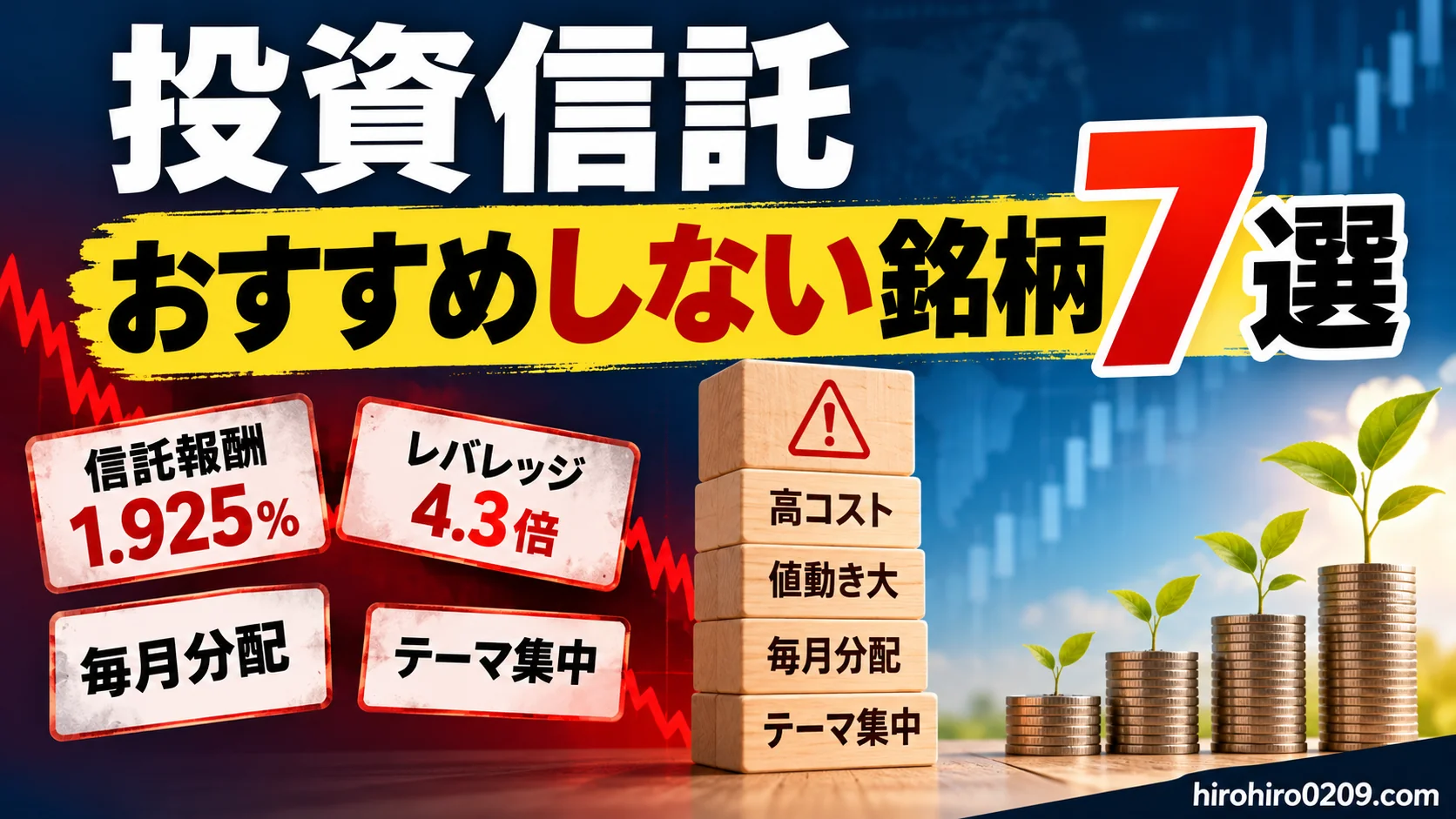 投資信託のおすすめしない銘柄7選を解説するアイキャッチ画像。信託報酬1.925％、レバレッジ4.3倍、毎月分配型、テーマ集中など、長期積立で注意したい特徴を紹介。