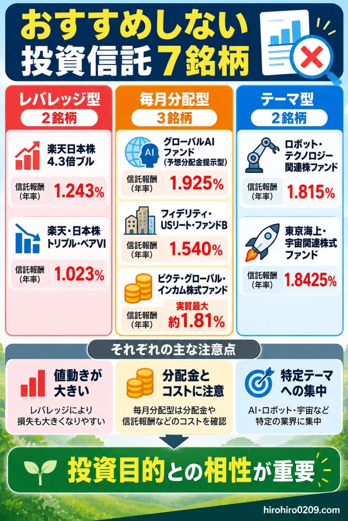 おすすめしない投資信託7銘柄をレバレッジ型2銘柄、毎月分配型3銘柄、テーマ型2銘柄に分類した比較図解。各銘柄の信託報酬と、値動きの大きさ、分配金とコスト、特定テーマへの集中という注意点を紹介