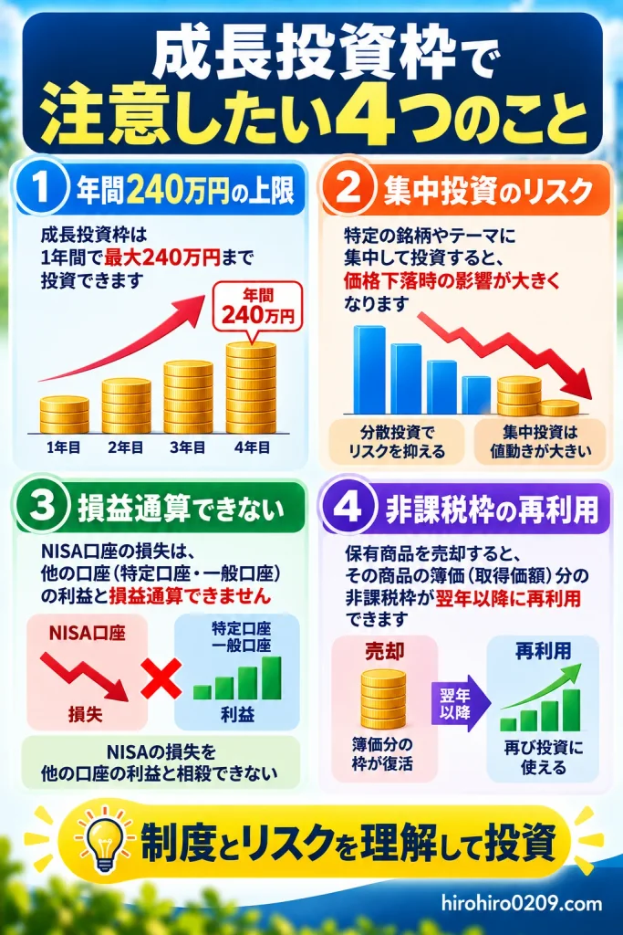新NISA成長投資枠で注意したい4つのポイントを解説した図解。年間投資上限240万円、集中投資による価格下落リスク、NISA口座の損失は損益通算できないこと、売却した商品の取得金額分の非課税枠を翌年以降に再利用できる仕組みを紹介