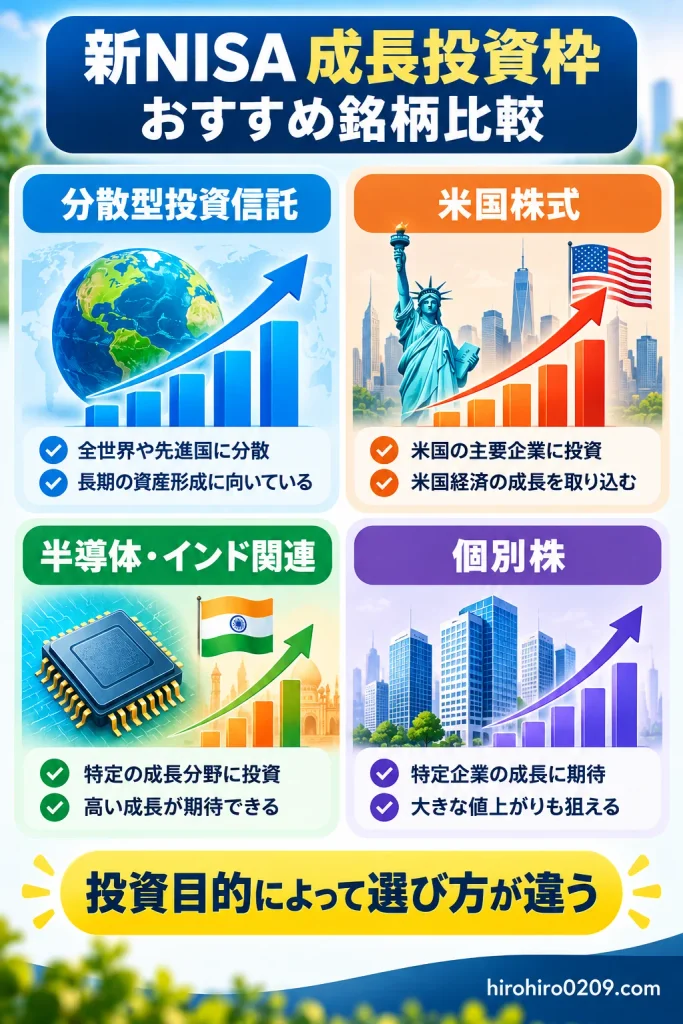 新NISA成長投資枠のおすすめ銘柄を、全世界・先進国に分散する投資信託、米国株式、半導体・インド関連、個別株の4種類に分け、それぞれの特徴と投資目的による選び方を比較した図解