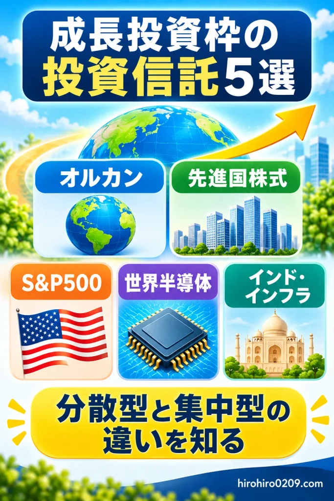 新NISA成長投資枠でおすすめの投資信託5選を比較した図解。オルカン、先進国株式、S&P500、世界半導体、インド・インフラを紹介し、分散型と集中型の違いを解説