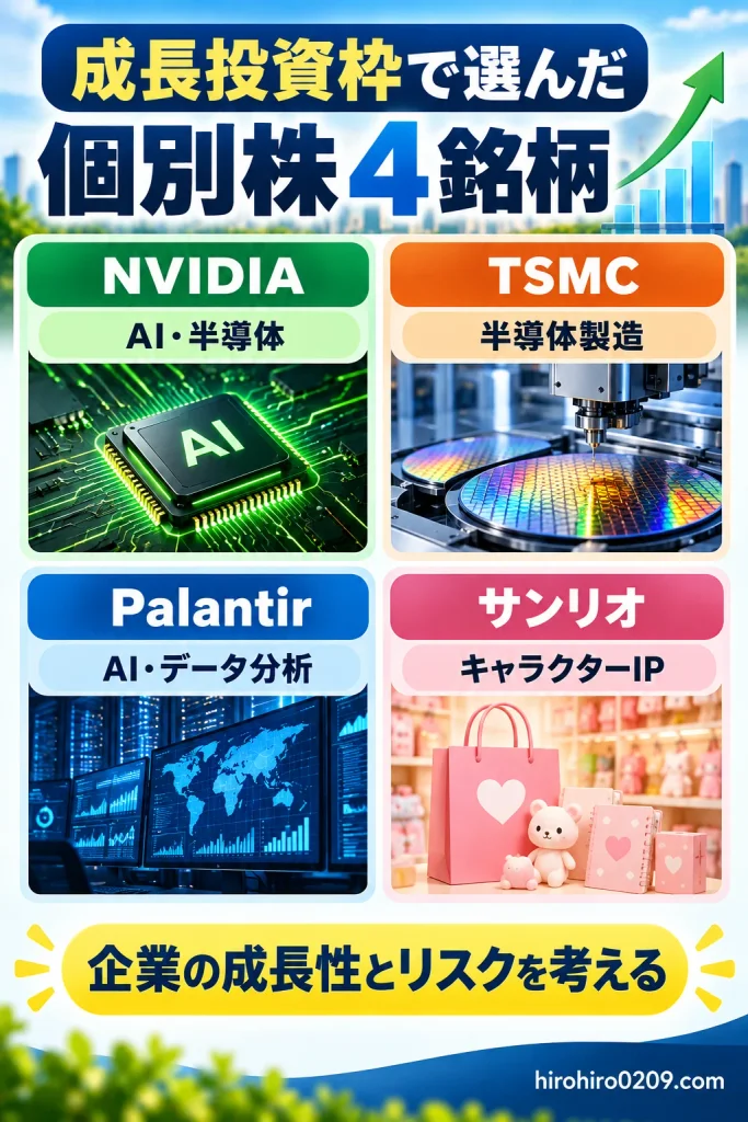 新NISA成長投資枠で選んだ個別株4銘柄を紹介する図解。NVIDIAのAI・半導体、TSMCの半導体製造、PalantirのAI・データ分析、サンリオのキャラクターIPを比較し、企業の成長性とリスクを解説