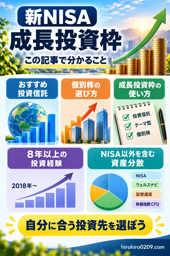 新NISA成長投資枠のおすすめ投資信託、個別株の選び方、3つの使い方、2018年からの投資経験、NISA以外を含めた資産分散を紹介する図解