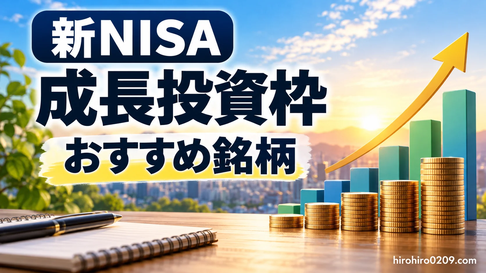 新NISA成長投資枠のおすすめ銘柄を紹介するアイキャッチ画像。積み上がるコインと右肩上がりのグラフで資産形成を表現。