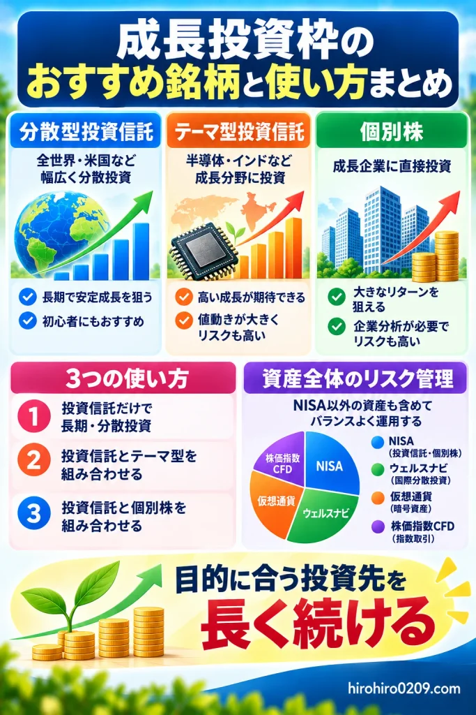 新NISA成長投資枠のおすすめ銘柄と使い方をまとめた図解。分散型投資信託、半導体・インド関連のテーマ型投資信託、個別株の特徴を比較し、3つの運用パターンとNISA以外も含めた資産全体のリスク管理を解説