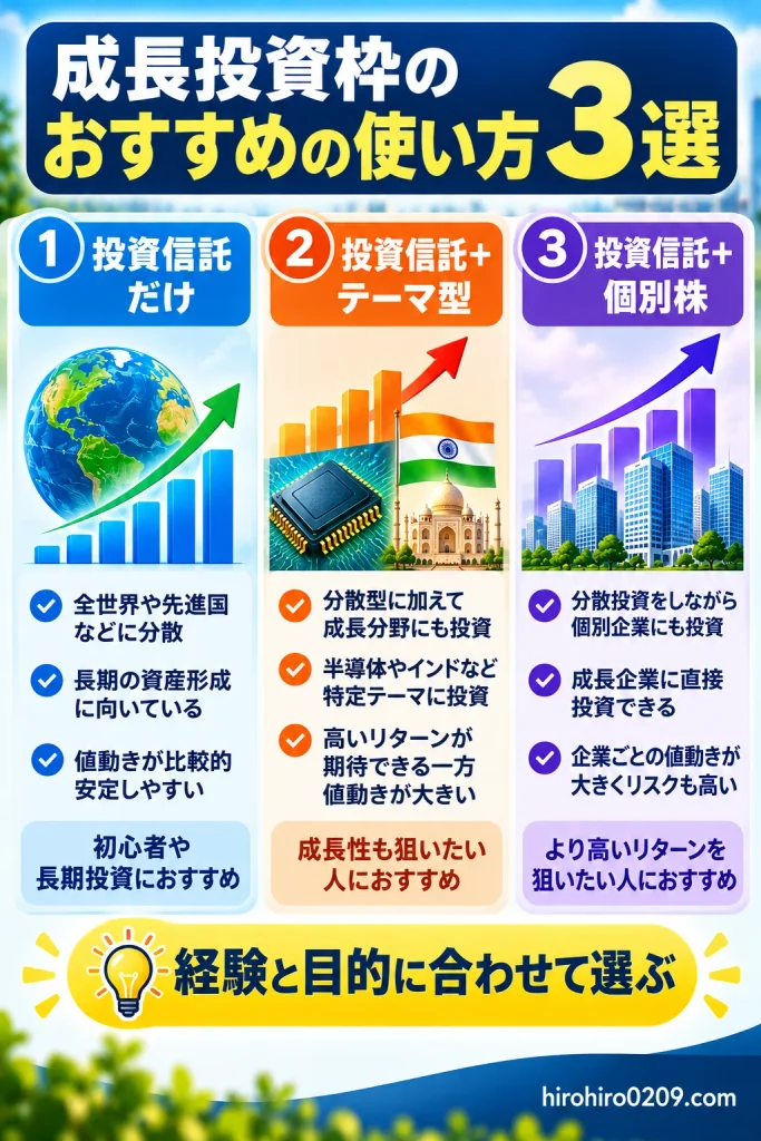 新NISA成長投資枠のおすすめの使い方3パターンを比較した図解。投資信託だけの長期分散投資、投資信託と半導体・インドなどのテーマ型投資の組み合わせ、投資信託と個別株の組み合わせを紹介し、経験や投資目的に応じた選び方を解説