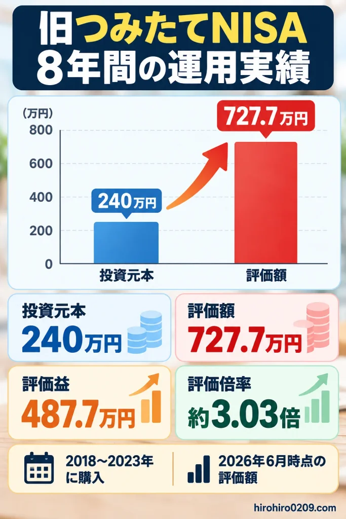 旧つみたてNISAの8年間の運用実績を示す棒グラフ。2018〜2023年の投資元本240万円に対し、2026年6月時点の評価額は727.7万円、評価益487.7万円、評価倍率約3.03倍