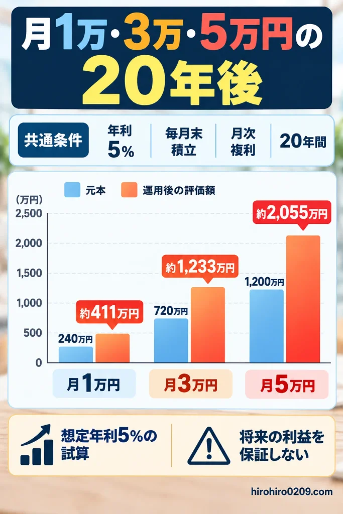 月1万円・3万円・5万円を年利5%で20年間積み立てた場合の比較グラフ。投資元本240万円・720万円・1,200万円に対し、20年後の評価額はそれぞれ約411万円・1,233万円・2,055万円となるシミュレーション結果