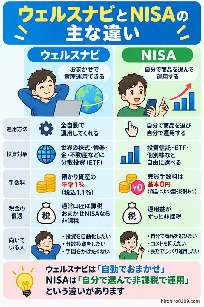 ウェルスナビとNISAについて、運用方法・投資対象・手数料・税制優遇・向いている人の違いを比較した図解