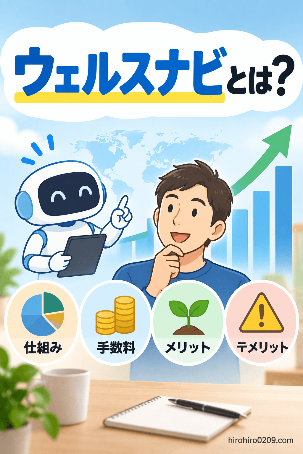 ウェルスナビとは何か、仕組み・手数料・メリット・デメリットを初心者向けに解説する図解イラスト