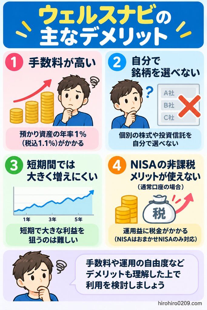ウェルスナビのデメリットとして、手数料が高め、投資先を自由に選べない、短期間で大きな利益を狙いにくいことなどを示した図解