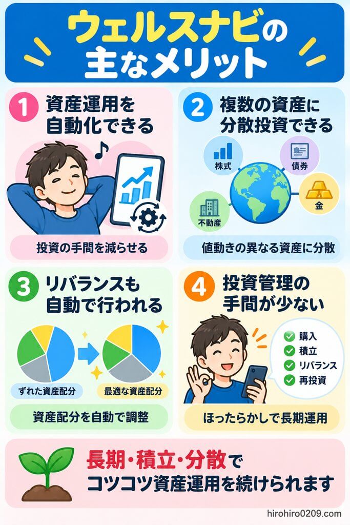 ウェルスナビのメリットとして、資産運用の自動化、複数資産への分散投資、自動リバランス、投資管理の手間が少ないことを示した図解