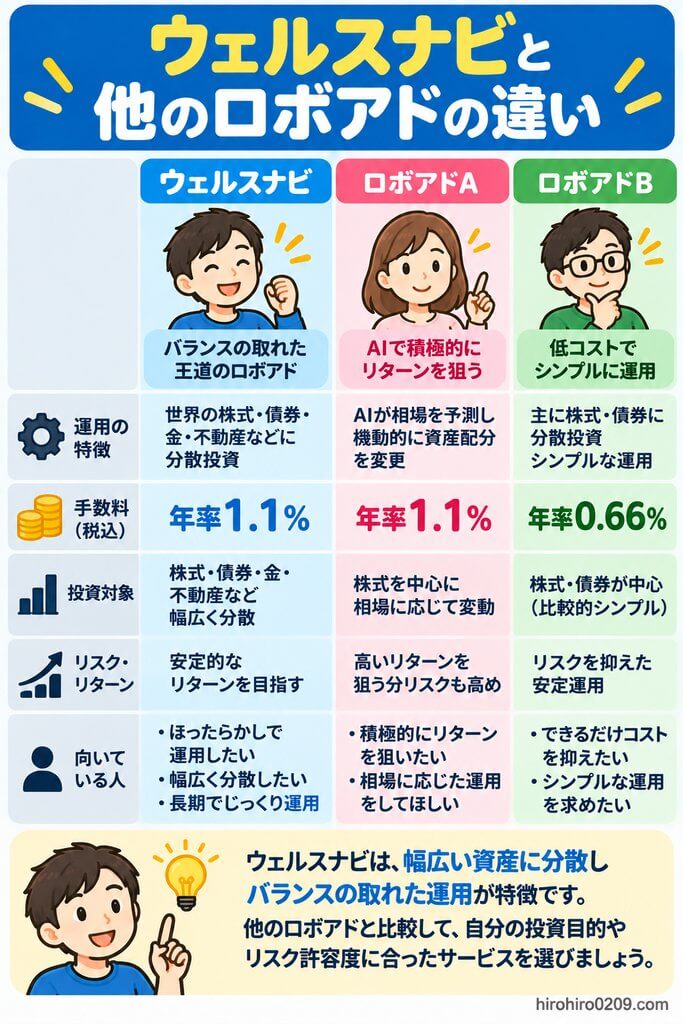 ウェルスナビと他のロボアドについて、運用方法・手数料・投資対象・リスクとリターン・向いている人の違いを比較した図解