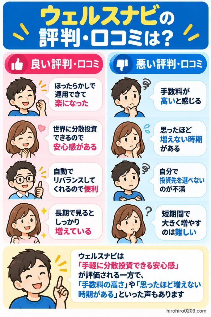 ウェルスナビの良い評判と悪い評判について、ほったらかし運用や分散投資、自動リバランスが評価される一方、手数料の高さや思ったほど増えない時期があるなどの口コミをまとめた図解