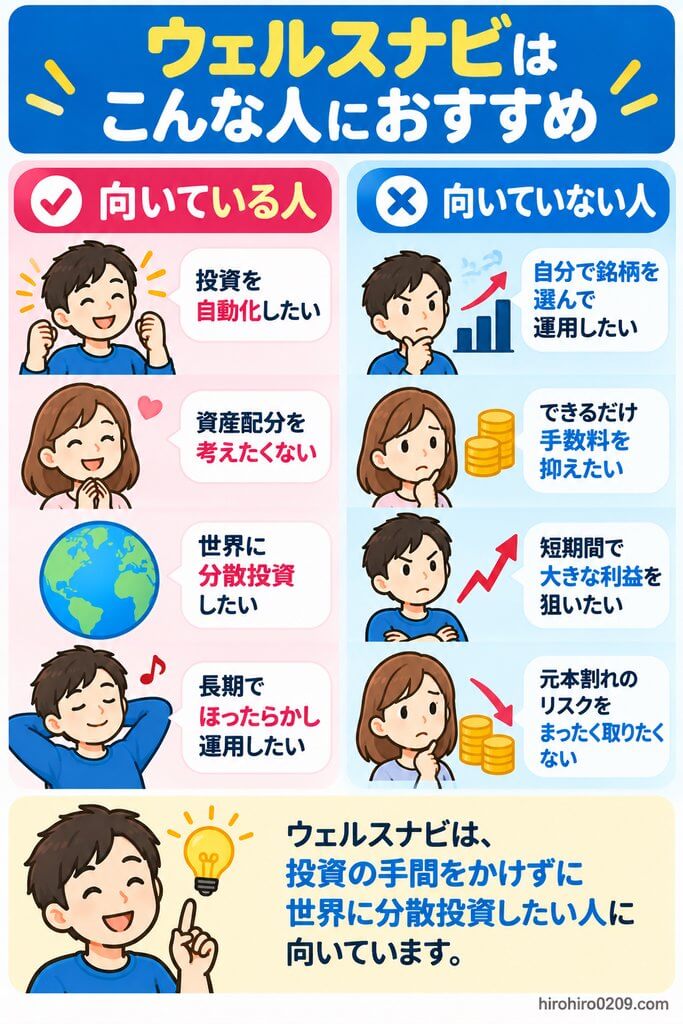 ウェルスナビが向いている人と向いていない人について、投資の自動化、分散投資、手数料、投資先の自由度、運用期間などの違いをまとめた図解
