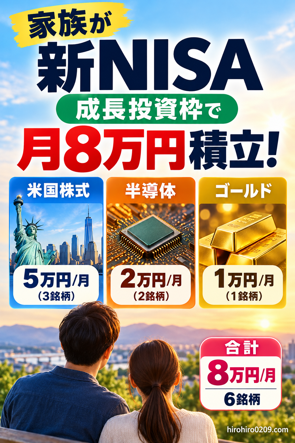 家族が新NISAの成長投資枠で月8万円のクレカ積立を始める投資方針を紹介したアイキャッチ画像。米国株式関連3銘柄に月5万円、半導体関連2銘柄に月2万円、ゴールド関連1銘柄に月1万円を配分し、合計6銘柄で長期的な資産形成を目指す様子を図解