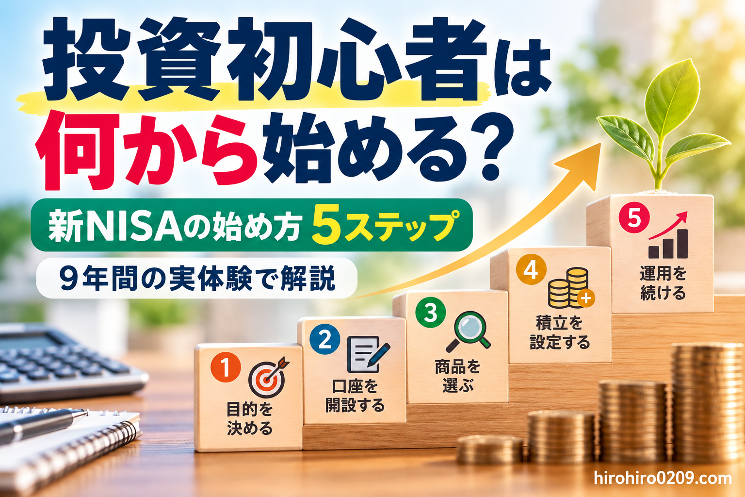 投資初心者向けに新NISAの始め方5ステップを解説した図解。投資目的を決める、証券口座を開設する、商品を選ぶ、積立を設定する、運用を続けるという5つの手順を階段状に示し、筆者の9年間の投資経験をもとに初心者が投資を始める流れを紹介