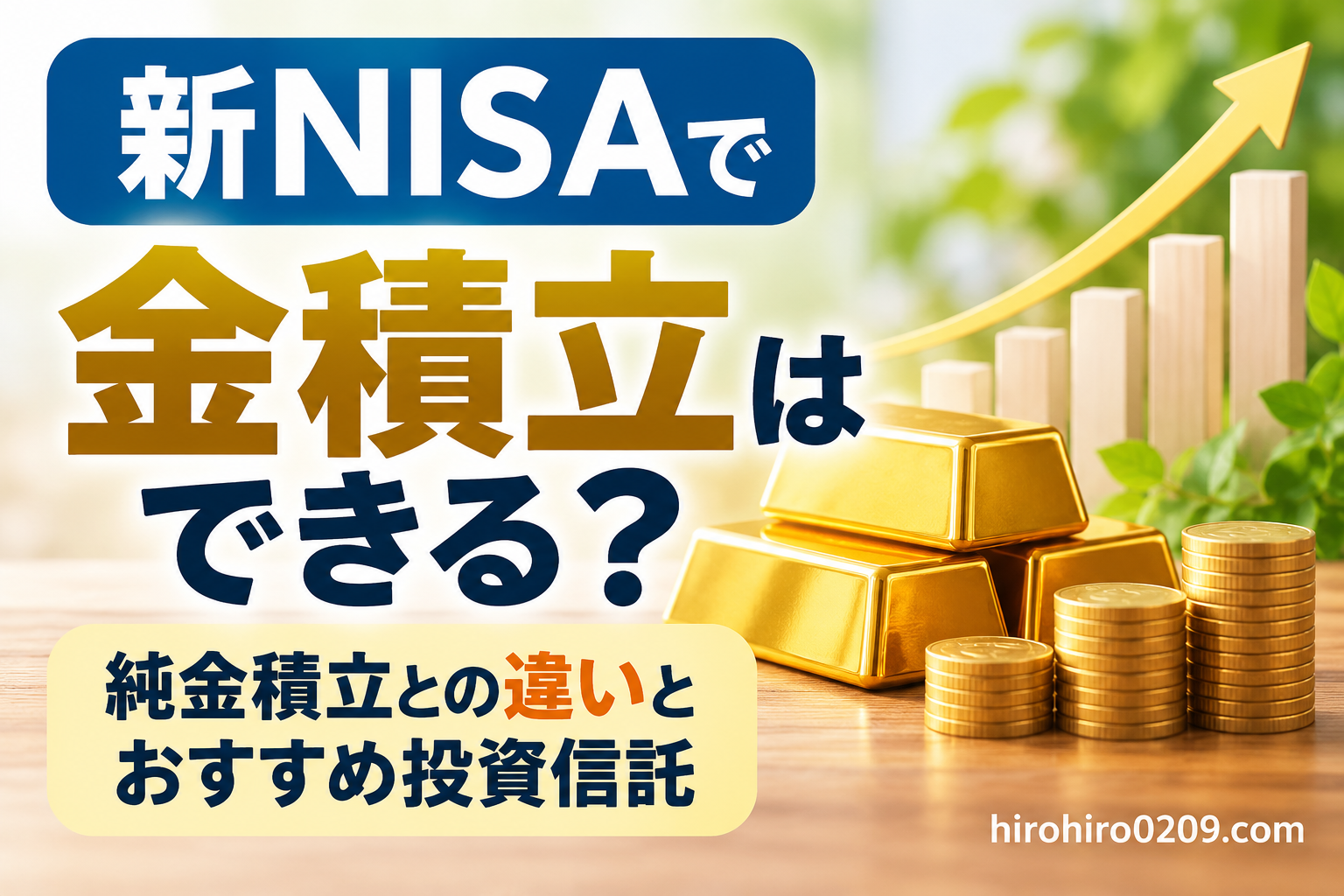 新NISAで金積立はできるのかをテーマに、純金積立との違いやおすすめの金連動投資信託を紹介するアイキャッチ画像。金の延べ棒や金貨、資産成長を示すグラフを配置