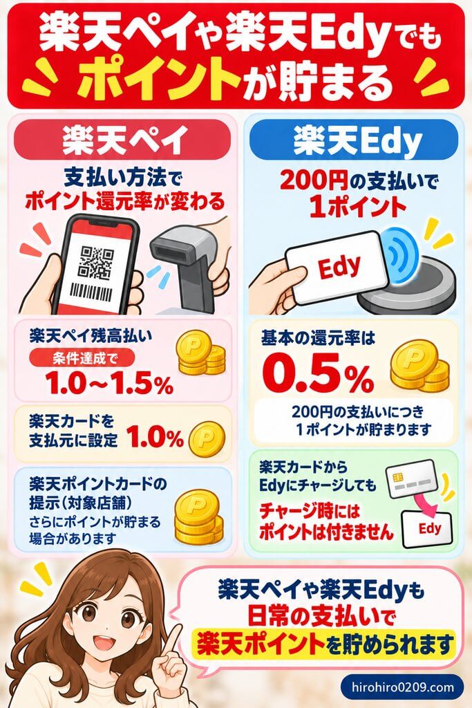 楽天ペイは支払い方法により1.0～1.5％、楽天Edyは200円につき1ポイントで基本0.5％還元になることを比較した図解