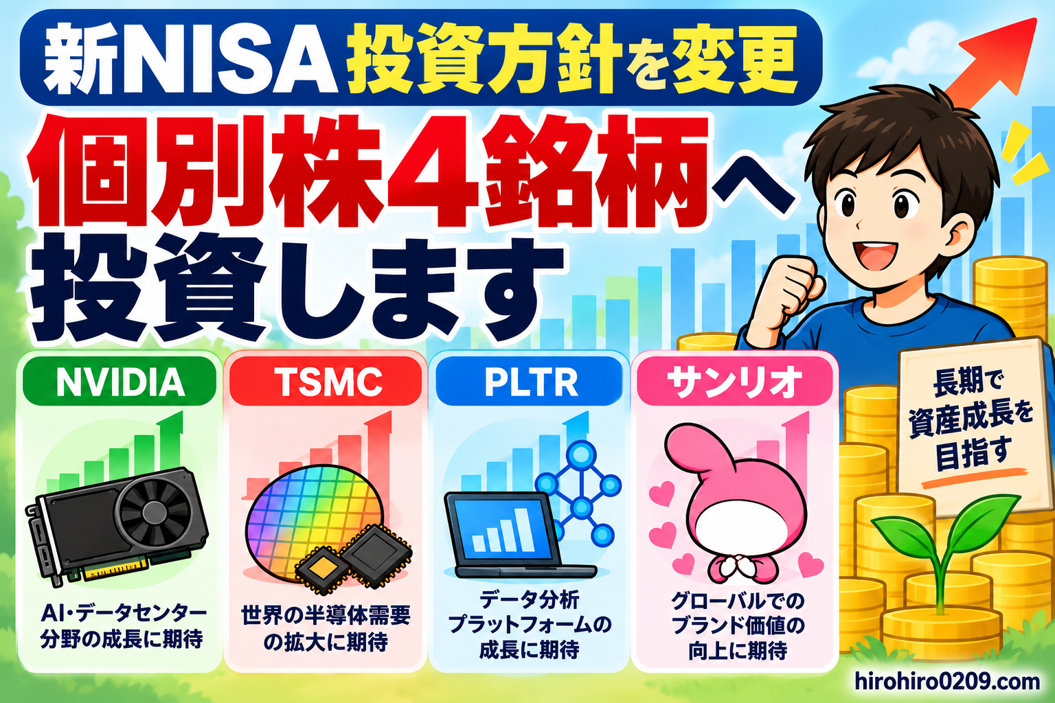 新NISAの投資方針を変更し、成長投資枠でNVIDIA、TSMC、PLTR、サンリオの個別株4銘柄を新たに購入した実体験を紹介するアイキャッチ画像。AI・半導体、データ分析、キャラクターIP事業の成長に期待し、長期的な資産形成を目指す投資方針を図解