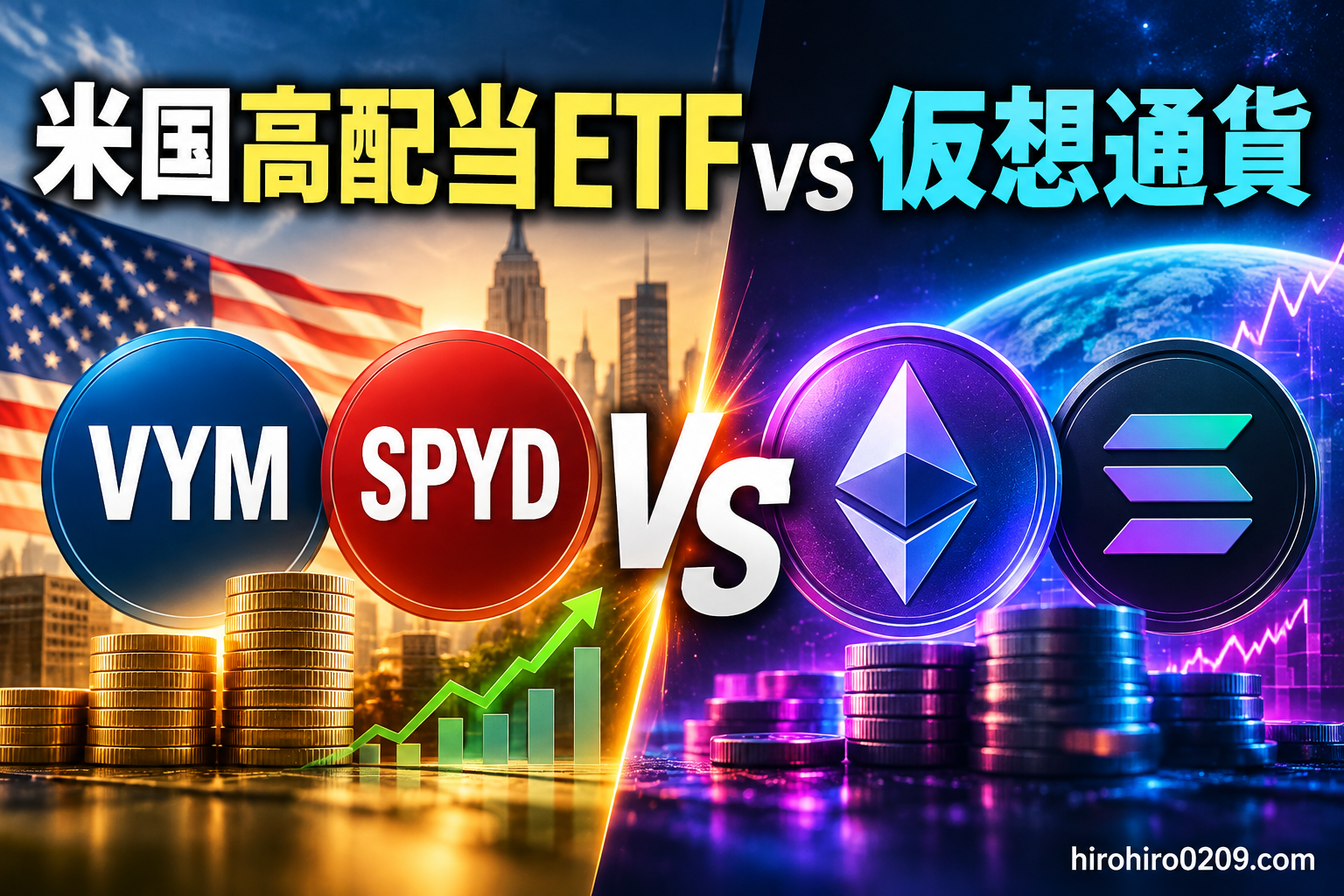 米国高配当ETFのVYM・SPYDと仮想通貨のETH・SOLの投資結果を比較する記事のアイキャッチ画像