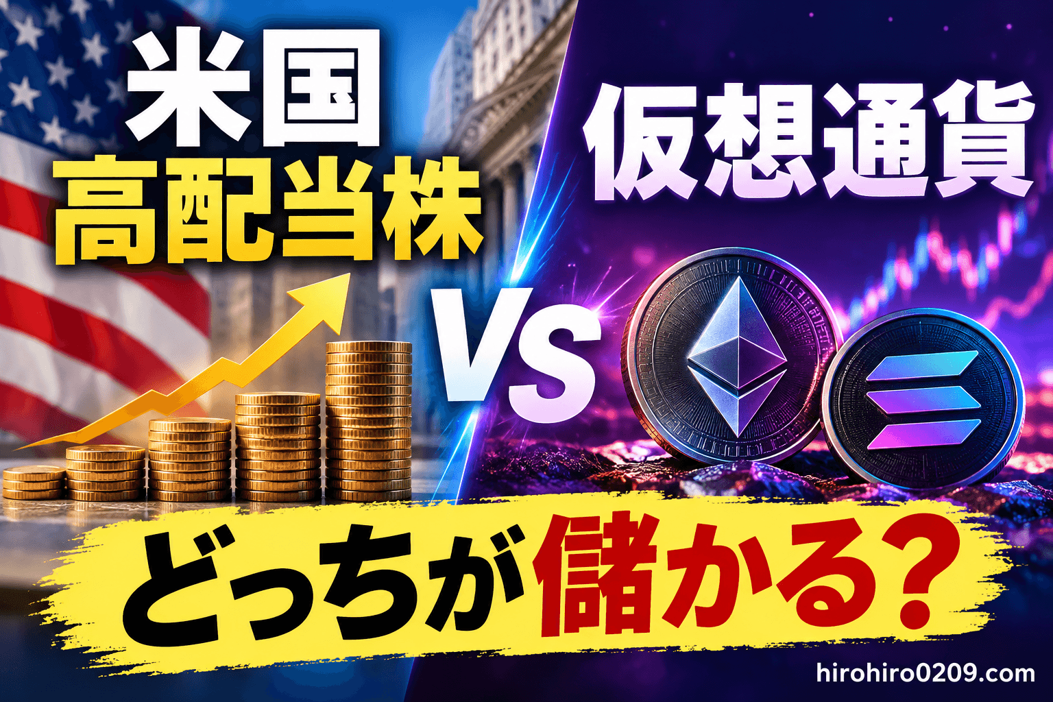 米国高配当株と仮想通貨の運用成績を比較し、VZ・PFEとETH・SOLのどちらが儲かるかを検証する記事のアイキャッチ画像